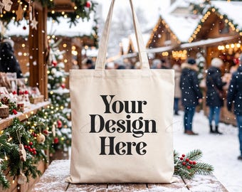 Christmas Tote Bag Mockup | Natural Canvas Tote Mockup | Christmas Market Bag | Holiday Shopping Tote | Festive Xmas POD Mockup JPG