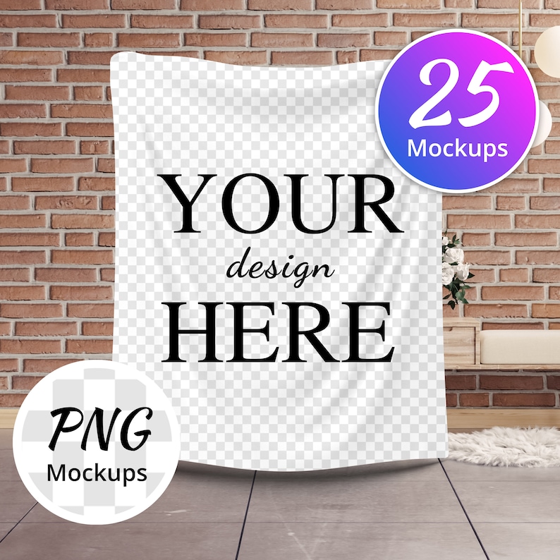 Puede incluir: Una maqueta de tapiz blanco con el texto "YOUR design HERE" en negro. El tapiz est&aacute; colgado en una pared de ladrillo con una alfombra blanca en primer plano. Hay 25 maquetas disponibles.