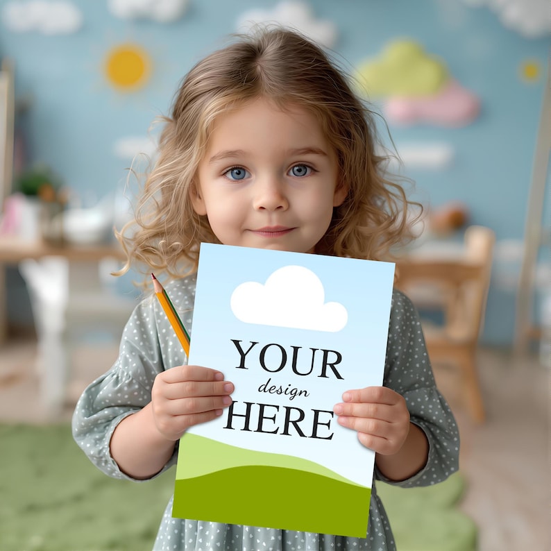 May include: A rectangular paper sign featuring a light blue sky, a white cloud, and green hills at the bottom. The text "YOUR design HERE" is printed in black in the centre. A yellow pencil is held against the side of the paper sign.