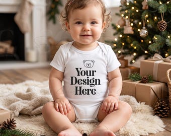 Christmas Baby Onesie Mockup | Baby Wearing White Bodysuit | Baby Model Mockup | First Christmas Infant Romper | Holiday POD JPG