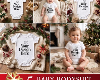 5 Christmas Baby Bodysuit Mockups Bundle | White Baby Onesie Mockup | Baby Model & Flat Lay | First Christmas POD Mockup JPG