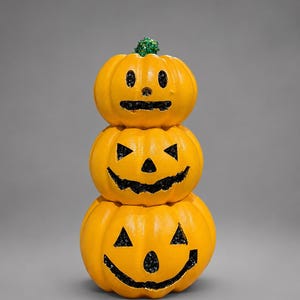 May include: A vertical stack of three bright orange pumpkins with carved faces. Each pumpkin features black, glittery cutouts for eyes, noses, and mouths. The top pumpkin is topped with a small, textured green stem covered in green glitter.