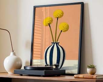 Arte de parede com vaso de flores em estilo moderno de meados do século XX, pôster floral em serigrafia.