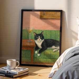 Póster de Martini de Gato Esmoquin / Divertido arte mural de gato en acuarela / Impresión elegante para amantes de las mascotas / Decoración de bar lounge