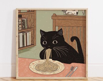 Cute Cat Eating Pasta, Colorful Poster Print, Black Cat Print, Cute Kitten Poster, Cat with Spaghetti, Kitchen Wall Art, Italian Food Poster