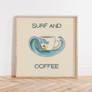 Impresión de póster de café, póster de surf y café, regalo para amantes del café, arte de pared de estación de café, póster de club de café, surf y café americano.