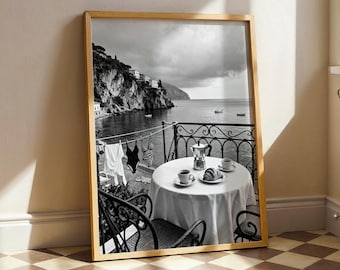 Amalfi Coast Poster, Black and White Positano Print, Italian Coffee Wall Art