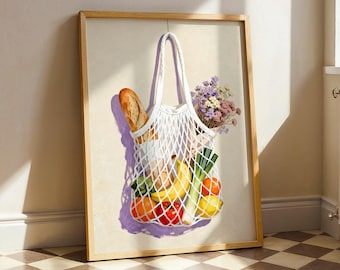 Arte de parede com sacola de mercado francesa, pôster de natureza morta com compras, impressão para decoração de cozinha