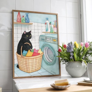 黒猫のランドリールームプリント、ランドリーデープリント、ランドリールームポスター、かわいいランドリーデコレーション、かわいい猫のランドリーアート