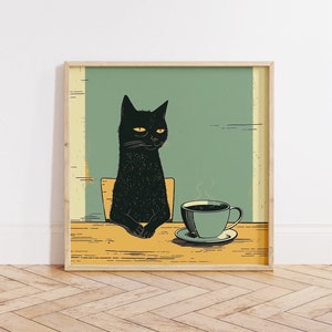コーヒーを飲んでくつろぐ黒猫の面白いプリント、面白い猫の壁アートプリント、猫の親のポスター、キッチンの壁装飾プリント、猫好きの方へのギフト