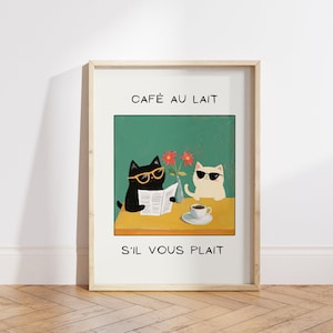 フレンチカフェオレ猫プリント、面白い猫プリント、Un Cafe Sil Vous Plait、キッチン装飾、ウォールアートプリント、面白い猫ウォールアート、猫好きのギフト