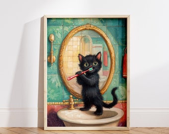Rolig svart katt badrumstryck: Borsta dina tänder poster