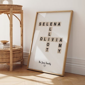 Arte con letras personalizadas, impresión familiar en estilo crucigrama, impresión personalizada de Scrabble, arte con nombre de familia, regalo de cumpleaños, mosaico con letras personalizado