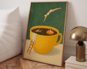 Coffee Jump Art Print | Whimsical Swimmer Poster | Surreal Fun Kitchen or Cafe Decor