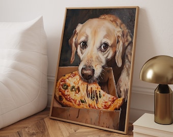 Funny Dog Eating Pizza Art Print: Whimsical Kitchen Decor