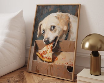 Funny Dog Eating Pizza Art Print: Whimsical Kitchen Decor