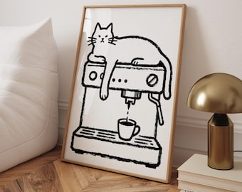 Pôster minimalista de gato tomando café em preto e branco para bar de café expresso