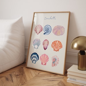 Impresión de póster de conchas marinas, estilo pastel de acuarela, póster de surf en el océano, arte de pared costero, arte de pared de casa de playa, decoración de habitación de playa, vibraciones de verano