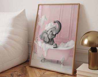 Cute Elephant In A Tub Poster, Pink Bathroom Funny Print, Elephant Wall Art, Toilet Wall Art, Animal Poster, Funny Black And White Art Print
