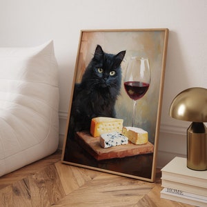 ワインを飲む黒猫、トレンディなバーのポスター、ワインバーのカートのプリント、ミニマリストのプリント、かわいいプリント、本を読む猫のプリント、猫のワインアート