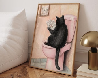 Funny Black Cat Bathroom Print: Reading Newspaper on Toilet