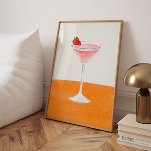 Erdbeere Martini Cocktailbar Orange Poster, trendiger Barwagendruck, minimalistischer Bardruck, ästhetische Wohnungswandkunst, hochwertiger Druck