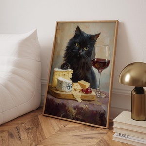 ワインを飲む黒猫、トレンディなバーのポスター、ワインバーのカートのプリント、ミニマリストのプリント、かわいいプリント、本を読む猫のプリント、猫のワインアート