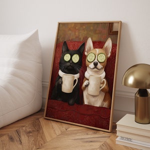 Cute Cat And Dog Poster Print, Funny Print, Funny Dog Print, Oil Painting Style, Dog And Cat Illustration Art, Dog Gift Idea, Cute Pet Print