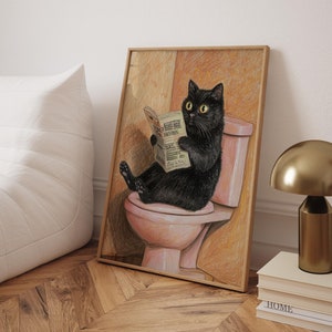 新聞を読んでいる猫、バスルームの壁プリント、面白い猫のポスター、トイレの壁プリント、猫のトイレのアートプリント、かわいい黒猫、猫好きのギフト