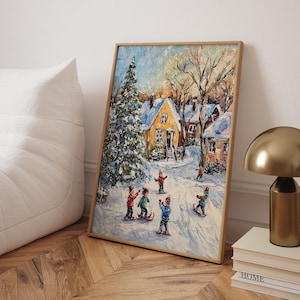 クリスマスデコレーションウォールアート、かわいい冬の村のプリント、クリスマスデコレーション、心地よい季節のウォールプリント、12月のプリント、子供たちの遊び