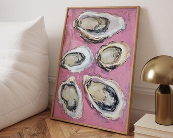 Oyster Watercolor Print, Aesthetic Kitchen Decor, Retro Dinner Table Print, Pink Oyster Kitchen Print, Retro Food Art, High Quality Print