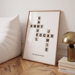Arte con letras personalizadas, impresión familiar en estilo crucigrama, impresión personalizada de Scrabble, arte con nombre de familia, regalo de cumpleaños, mosaico con letras personalizado