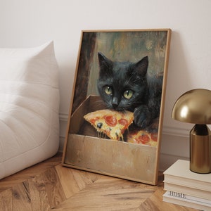 Funny Black Cat Eating Pizza Art Print: Whimsical Kitchen Decor