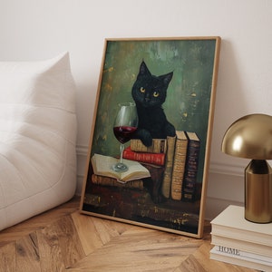 ワインを飲む黒猫、トレンディなバーのポスター、ワインバーのカートのプリント、ミニマリストのプリント、かわいいプリント、本を読む猫のプリント、猫のワインアート