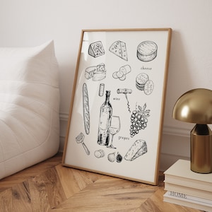 Wein und Käse Küchen Poster, handgezeichneter Wein & Charcuterie Tafeldruck, trendiges Bar Poster, Barwagen, minimalistischer Druck, hochwertiger Druck