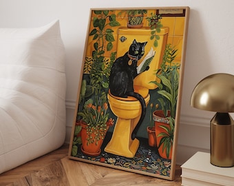 Funny Black Cat Bathroom Print: Quirky Toilet Wall Art
