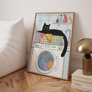 黒猫のランドリールームプリント、ランドリーデープリント、ランドリールームポスター、かわいいランドリーデコレーション、かわいい猫のランドリーアート