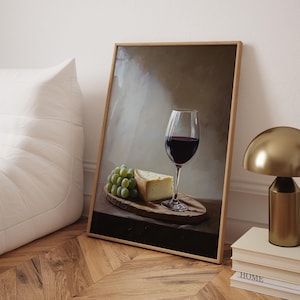 Wydruk artystyczny „Czerwone wino i ser”, estetyczny wystrój kuchni, wydruk na wózku barowym w stylu retro, sztuka ścienna do baru, sztuka jedzenia w stylu retro, wydruk wysokiej jakości