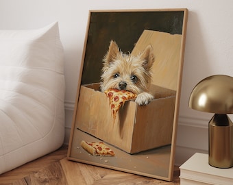 Funny Dog Eating Pizza Art Print: Whimsical Kitchen Decor