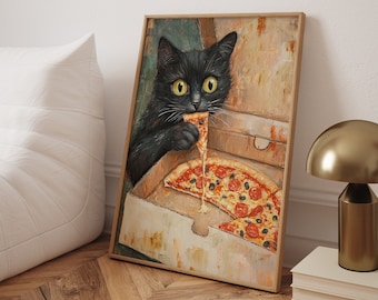 Funny Black Cat Pizza Oil Painting Art Print: Whimsical Kitchen Decor