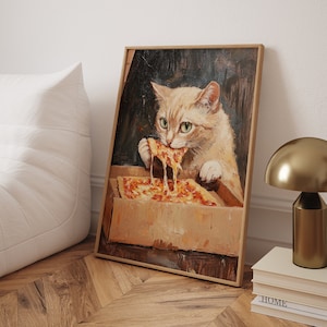 Gato fofo comendo pizza impressão artística, impressão engraçada, impressão engraçada de cozinha de gato, estilo de pintura a óleo, arte de ilustração de gato, ideia de presente de gato, animal fofo