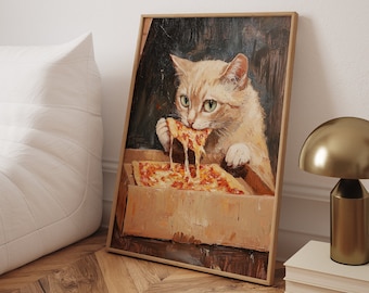 Funny Cat Eating Pizza Art Print: Whimsical Kitchen Decor