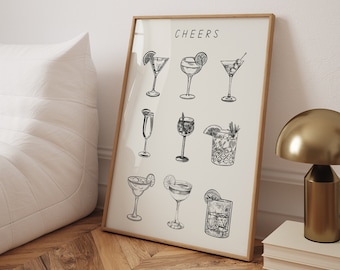 Cocktail Line Drawing Print: Minimalist Bar Cart Art