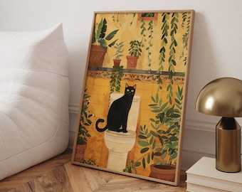 Funny Black Cat Bathroom Art Print: Quirky Toilet Poster (Digital Download)