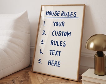 Ihr benutzerdefinierter Hausregeltext hier, druckbares trendiges Poster, entwerfen Sie Ihre eigenen Hausregeln, anpassbarer handgeschriebener Blue Print für Ihr Zuhause