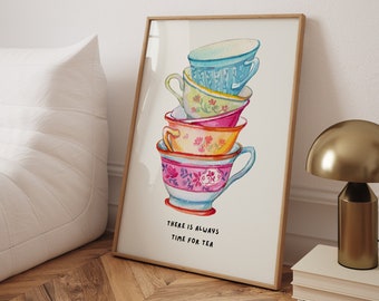 Time For Tea Watercolor Print, Vintage Tea Cups Trendy Poster, Cool Cute Home Art Print, Living Room Wall Art Poster, High Quality Art Print