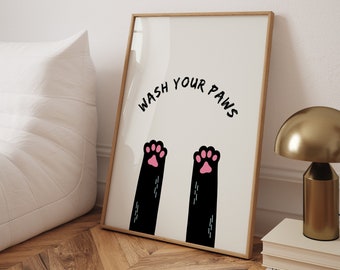Funny Cat Bathroom Print: Wash Your Paws Poster