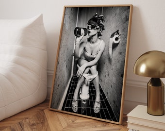Girl Drinking on Toilet: Black and White Vintage Photo Print