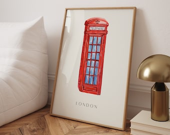 London Red Telephone Box Watercolor Art Print: Travel Poster