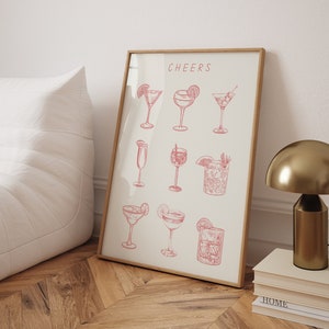 Cheers Trendy Bar Poster, Cocktails Bar Cart Print, Minimalist Bar Art Print, Cute Print, Aesthetic Apartment Wall Art, High Quality Print